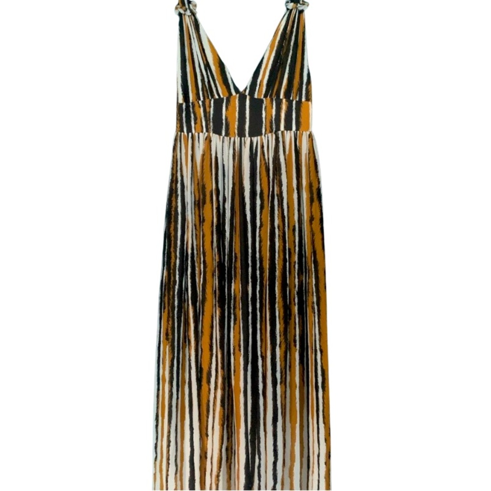 Ronny Kobo Black Yellow Cream Abstract Striped Long Maxi Thick Strap Bow Dress